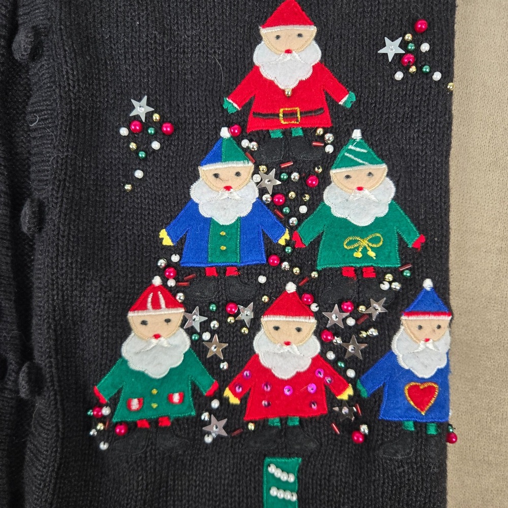Bobbie Brooks Black Christmas Sweater Vest Santa Gnomes Beaded BB3H263 Womens S - Picture 8 of 11